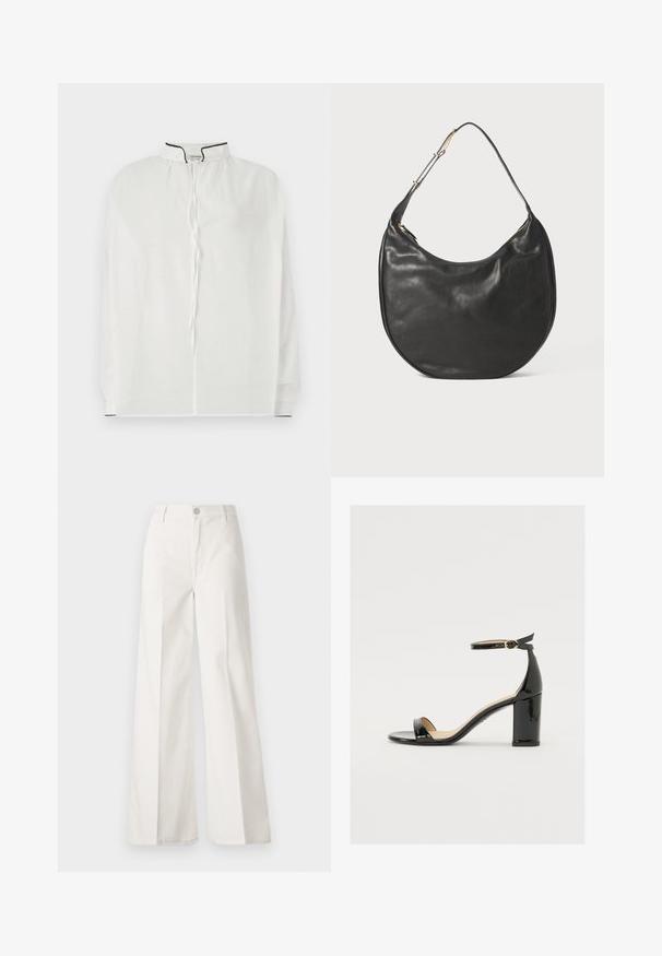 Biela blúzka s vysokým golierom, s nastaviteľným šnúrkovým zapínaním a kontrastnými čiernymi lemami pozdĺž výstrihu a rukávov. Mäkka tkanina.; Biele široké nohavice vyrobené z bavlny s hladkou textúrou. Obsahujú predný gombík, zips a dizajn so štyrmi vreckami.; Čierne lakované sandále s širokým podpätkom, otvorenou špičkou a remienkom okolo členka s zlatou sponou. Hladká textúra a elegantný dizajn.; Čierna kožená hobo taška s hladkou textúrou, polkruhovým tvarom a nastaviteľným popruhom. Obsahuje zlatistý zips a minimalistický dizajn.