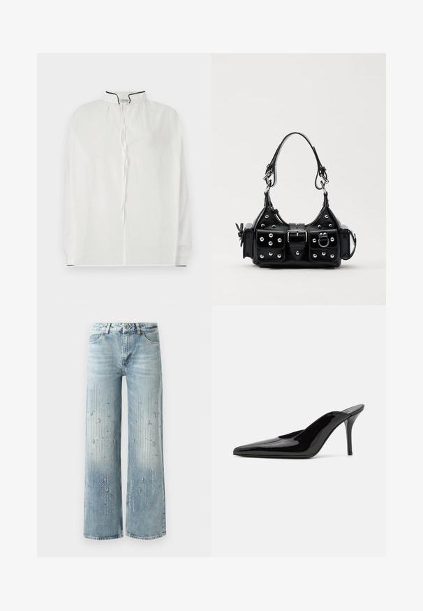 Bela bluzica z visokim ovratnikom, z zapiranjem na vrvico in kontrastnim črnim obrobom ob izrezu in rokavih. Mehka tkanina.; Svetlo modri široki jeans narejeni iz denima, z gradientnim barvnim učinkom in okrasitvami iz srebrnih rhinestones v vertikalnem vzorcu.; Črne patentirane čevlje s peto, z usko silhueto in koničastim nosom, z odprtim hrbtom in vitko stiletto peto.; Črna usnjena torbica s ukrivljenim dizajnom, ki vsebuje srebrne žebljičke, zaponko in dve stranski žepki. Nastavljiv trak za različne možnosti nošenja.