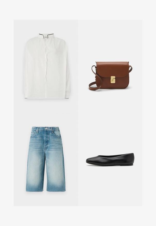 Bela bluzica z visokim ovratnikom, z zapiranjem na vrvico in kontrastnim črnim obrobom ob izrezu in rokavih. Mehka tkanina.; Denim kratke hlače v svetlo modri barvi z ostrim opranjem. Imajo naravnost širok kroj in raztrgane robove, z žepi spredaj in zadaj.; Paul Smith TOPANGA - Balerinke - black; Rjava usnjena torbica s poklopcem, zlato obarvani okovi, naramnica in gladka tekstura. Kompaktna pravokotna oblika.