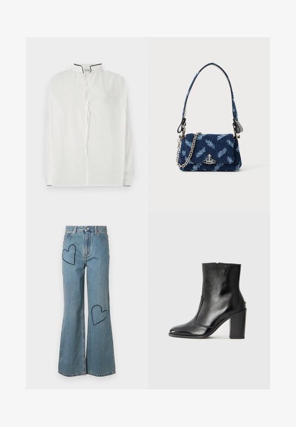 Bela bluzica z visokim ovratnikom, z zapiranjem na vrvico in kontrastnim črnim obrobom ob izrezu in rokavih. Mehka tkanina.; Svijetloplave traperice s resama koje imaju dva tamnoplava srca na prednjoj strani. Klasičan dizajn sa pet džepova i zatvaranjem na dugme.; Črne usnjene gležnarske čevlje z gladko teksturo, koničastim nosom in debelim visokim petam. Imajo stransko odprtino in minimalističen dizajn.; Mornarsko modra torbica iz blaga z teksturiranim dizajnom, srebrno okovje in snemljiva verižica. Ima zaponko na pokrovu in poudarjen logotip.