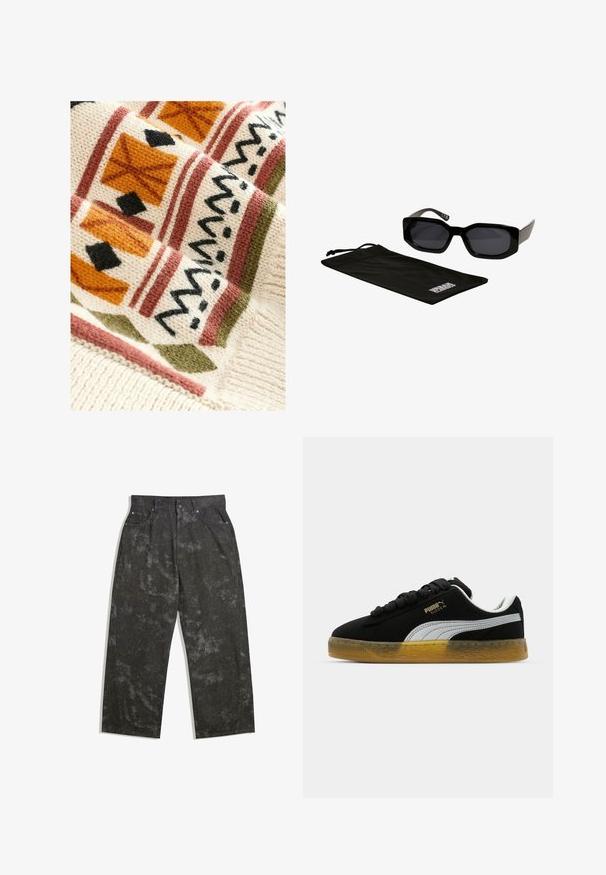 Gestrickte Decke mit einer crema-farbenen Basis und geometrischen Mustern in Terrakotta, Grün und Schwarz, die durch ihr gewebtes Design Textur verleiht.; Dunkelgraue Jeanshose mit lockerer Passform, die dezente melierte Muster und metallische Details aufweist. Fünf-Taschen-Design.; Schwarze Leder-Sneaker mit weißem Seitenstreifen und goldenem Logo. Sie verfügen über eine Gummisohle mit strukturiertem Muster. Die Schnürsenkel sind schwarz und flach.; Schwarze Sonnenbrille mit eckigen, übergroßen Rahmen und dunklen Gläsern, begleitet von einem schwarzen Mikrofaserbeutel mit einem Logo.