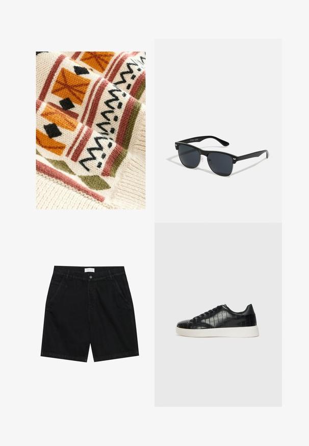 Coperta lavorata a maglia con una base crema e motivi geometrici in terracotta, verde e nero, che offre texture attraverso il suo design intrecciato.; Shorts in denim nero con vestibilità classica, caratterizzati da due tasche anteriori, chiusura con bottone e un'etichetta in vita. Tessuto strutturato.; Sneaker nere con una toma superiore in pelle con effetto croc embossato, punta rotonda e suola in gomma bianca a contrasto con una finitura liscia.; Occhiali da sole neri con forma rettangolare, lenti scure, dettagli in argento alle tempie e finitura opaca sulla montatura.