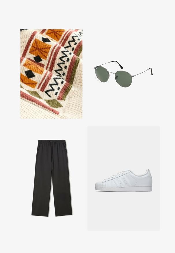 Gehaakte deken met een crèmekleurige basis en geometrische patronen in terracotta, groen en zwart, die textuur biedt door het geweven ontwerp.; Zwarte, wijde broek met elastische taille en trekkoord, voorzien van zijzakken en een gladde, lichte stofafwerking.; Witte leren sneaker met een getextureerde rubberen neus, drie zijstreepjes en een gevoerde kraag. Platte witte veters en een minimalistisch ontwerp.; Metalen zonnebril met ovale groene lenzen. Dunne zilveren metalen rand en zwarte oorstoppers. Minimalistisch ontwerp, zonder zichtbare logo's.