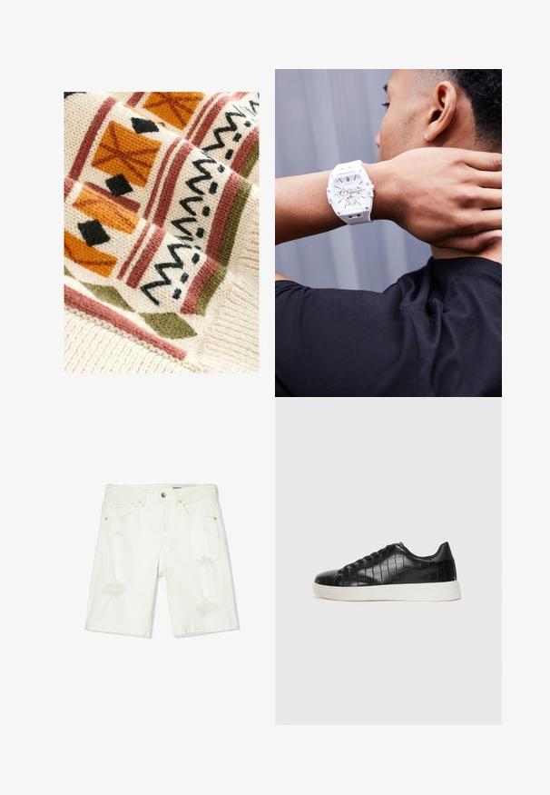 Gestrickte Decke mit einer crema-farbenen Basis und geometrischen Mustern in Terrakotta, Grün und Schwarz, die durch ihr gewebtes Design Textur verleiht.; Weiße Denim-Shorts mit mittelhohem Bund, lässigen Details, fünf Taschen und kupferfarbenen Beschlägen. Glatte Textur mit einem lockeren Schnitt.; Schwarze Sneakers mit einer strukturierten, krokodilPrägung aus Leder, runder Zehenpartie und einer kontrastierenden weißen Gummisohle mit glatter Oberfläche.; Weißer Gummi-Uhr mit einem massiven Design, transparentem Zifferblatt und silbernen Akzenten, getragen am Handgelenk vor einem dunklen Hemd-Hintergrund.