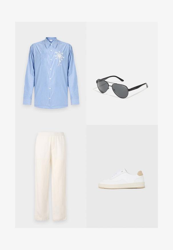 Blå og hvit langermet skjorte med vertikale striper og knappeåpning, med et hvitt rosetrentau-design på venstre brystlomme.; Lettvekts, kremfargede bukser med elastisk midje, rak ben-design og subtil tekstur. Har ingen synlige lommer.; Hvite lave sneakers med overdel i teksturert skinn, kremfarget såle med ribber og en brunt fargeklatt på hælen. Har hvite lisser og logodetalj på hælen.; Svarte pilotbriller med mørke linser, tynn metallramme og slanke plastarmer med logo aksenter.