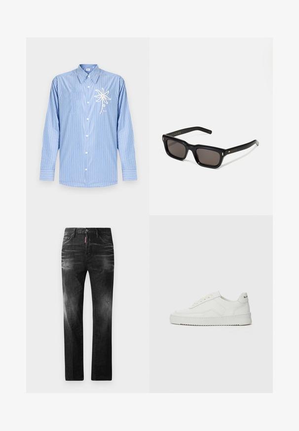 Chemise à manches longues à rayures verticales bleues et blanches avec un motif de fleur en corde blanche sur la poche poitrine gauche.; Jean en denim noir avec une coupe droite. Présente des zones décolorées, un léger effet usé, un design classique à cinq poches et une fermeture à bouton.; Baskets en cuir blanc avec une finition lisse, bout arrondi, lacets plats et semelle texturée. Présente un logo discret sur le talon.; Lunettes de soleil noires rectangulaires avec des verres foncés, monture en plastique épais, accents dorés sur les branches et logo de la marque gravé sur le bras.