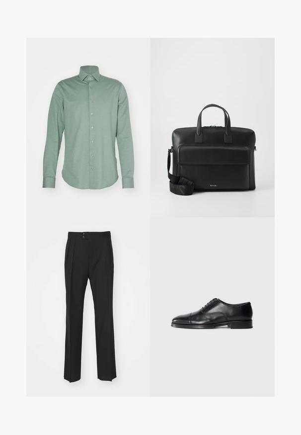 Hele roheline pika varrukaga nööbiga särg, mis on valmistatud siledast kangast. Omab klassikalist kraed ja nööbitud esiosa, kus on seitse nähtavat nööpi.; Mustad vooderdatud püksid, millel on sirge sääre disain, kaks esikotti ja topelt-nööbikinnitus vööosas. Sile kangatekstuur.; Must musta kingad ümmarguse toe, sile tekstuur, lipsudega disain ja peene õmbluse detail, madala ja tasase kontsaga.; Must jääst valmistatud portfell kahekordsete ülemiste käepidemetega, esikoti ja eemaldatava rihmaga, millel on peen bränding allosas.