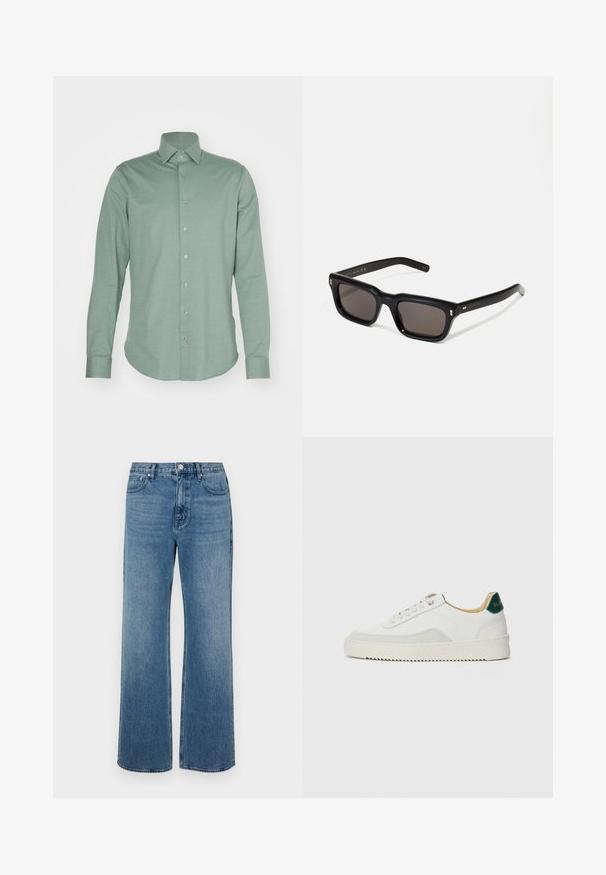 Camicia a maniche lunghe verde chiaro, dotata di bottoni e realizzata in un tessuto liscio. Presenta un colletto classico e una chiusura frontale con sette bottoni visibili.; Jeans a gamba larga blu in denim con una finitura sbiadita. Presentano cinque tasche, una chiusura con bottone frontale e una vestibilità dritta.; Sneaker bianco con accenti in camoscio, punta rotonda, lacci piatti e suola in gomma crema. Presenta un marchio verde sul tallone.; Occhiali da sole neri rettangolari con lenti scure, montatura spessa in plastica, dettagli dorati sulle tempie e logo del marchio inciso sull'asta.