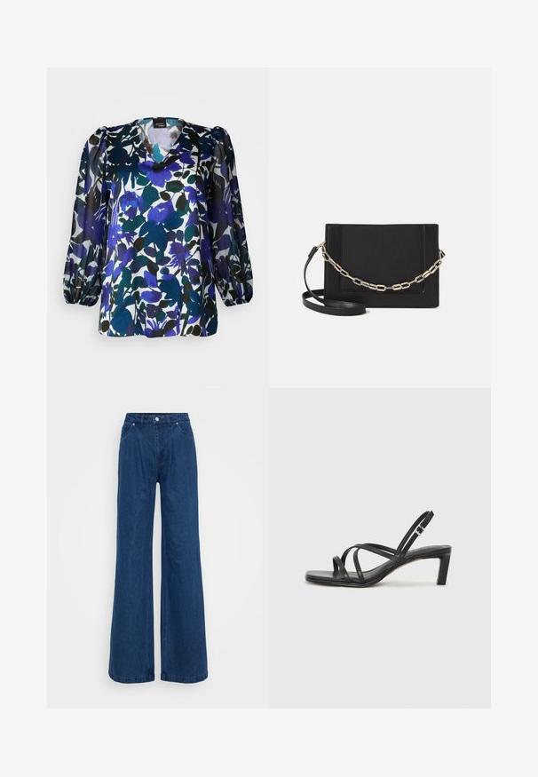 Blomstret bluse med v-hals, lange puffærmer og en blanding af blå, grøn og sort på hvid baggrund. Silkeagtig tekstur.; Bredbenede blå denimjeans med høj talje, frontknap og lynlås lukning, samt for- og baglommer på en ensfarvet baggrund.; Sort remsandale med firkantet tå og en lav blokeret hæl. Har flere tynde stropper og en justerbar ankelrem. Fremstillet af glat læder.; Sort læder crossbody taske med en glat tekstur, rektangulær form og en metallisk kæde detalje foran. Justerbar skulderrem inkluderet.