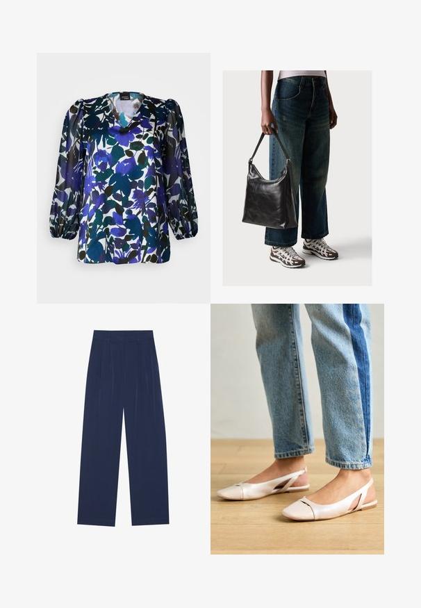 Blomstret bluse med v-hals, lange puffærmer og en blanding af blå, grøn og sort på hvid baggrund. Silkeagtig tekstur.; Marineblå bredbenede bukser lavet af blød stof, med frontfolder, en glat tekstur og en lige pasform uden synlige lommer.; Lyserøde slingback flade sko med spidse tær, lavet af et glat læderlignende materiale. Har udskæringsdetaljer på siderne og en flad hæl.; Sort læder skuldertaske med en glat tekstur og justerbar skulderrem, parret med faded brede bukser og atletiske sneakers.