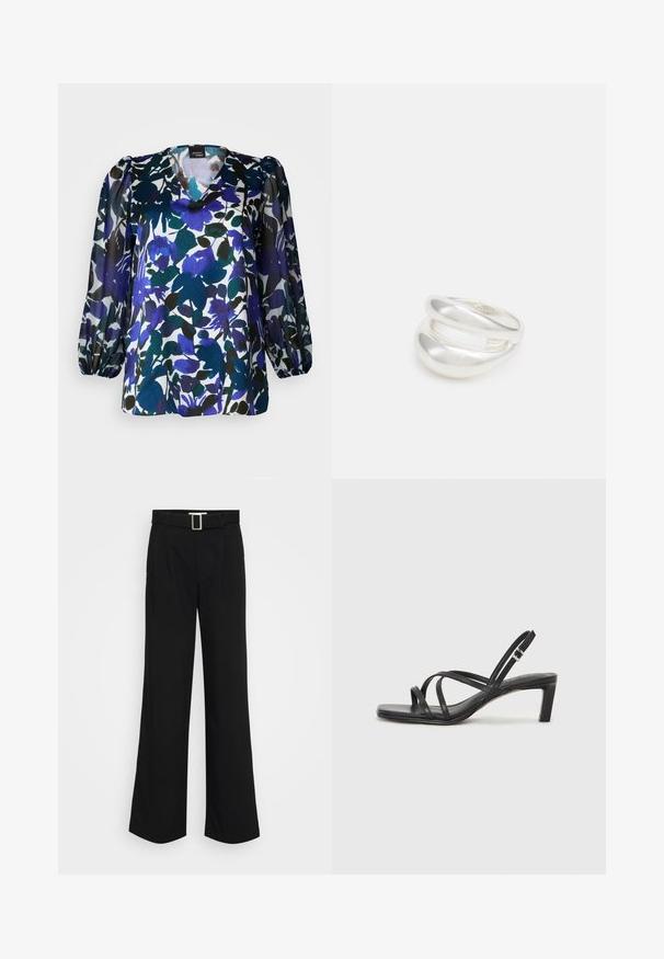 Cvečni bluzon z V-izrezom, dolgimi nabranimi rokavi in mešanico modrih, zelenih in črnih barv na belem ozadju. Svilen izgled.; Črne široke hlače iz lahkega materiala, ki se ponašajo z gladko teksturo, sprednjimi gubami in pasom s kvadratno kovinsko zaponko.; Črne natikače s trakovi in kvadratnim prstom ter nizkim blokastim peto. Imajo več tankih trakov in nastavljiv trak okoli gležnja. Narejene so iz gladkega usnja.; Srebrn dvojni prstan z gladko, polirano površino. Ima tekoč, ukrivljen dizajn z prekrivajočimi se sekcijami za sodoben videz.