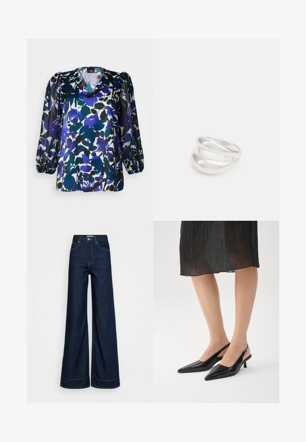Kwiatowa bluzka z dekoltem w serek, długimi, bufiastymi rękawami oraz połączeniem niebieskiego, zielonego i czarnego koloru na białym tle. Jedwabiście gładka struktura.; Ciemnoniebieskie, wysokie dżinsy o szerokich nogawkach z przednimi kieszeniami, szlufkami na pasek, zapięciem na guzik i widocznym przeszyciem na białym tle.; Czarne czółenka na obcasie typu slingback z zaostrzonym noskiem, o błyszczącej powierzchni, smukłym obcasie i otwartym designie z tyłu. Teksturowany wzór na górnym materiale.; Srebrna obrączka podwójna z gładką, polerowaną powierzchnią. Posiada płynny, zakrzywiony kształt z nakładającymi się sekcjami, co nadaje nowoczesny wygląd.