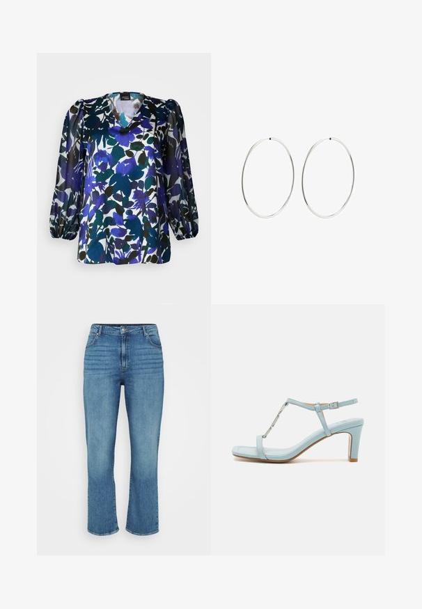 Blomstret bluse med v-hals, lange puffærmer og en blanding af blå, grøn og sort på hvid baggrund. Silkeagtig tekstur.; Lysblå denimjeans med lige ben design, der har fem lommer, bæltestropper og subtil falming foran.; Lys blå ankelrem højhælet sandal med firkantet tådesign, der har en metallisk accent og en glat, elegant lædertekstur.; Sølvøreringe med en glat, rund design og en poleret overflade. De er tynde og lette, og har en simpel lås.