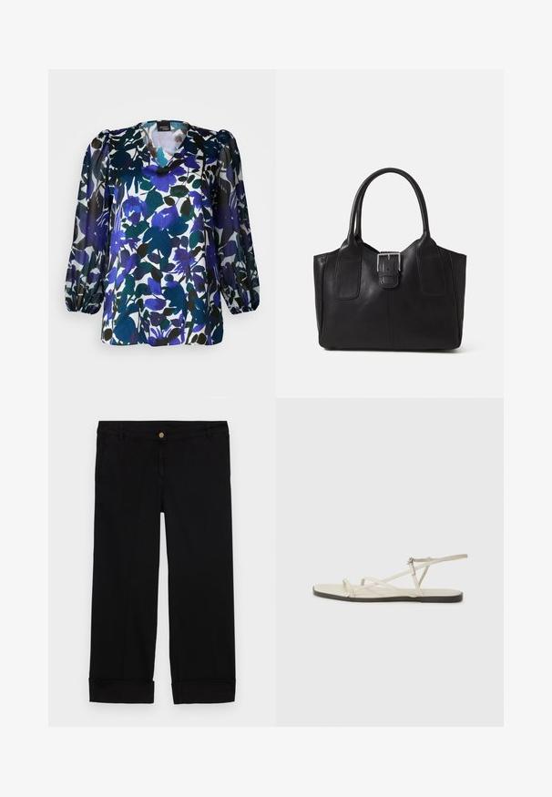 Blomstret bluse med v-hals, lange puffærmer og en blanding af blå, grøn og sort på hvid baggrund. Silkeagtig tekstur.; Sorte bomuldsbukser med lige ben, der har forlommer, en guldknaplukning og opkrøllede manchetter. Glat tekstur.; Beige flad sandal med flere slanke stropper og en justerbar spænde. Sålen er flad med en let mørkere kontrast ved kanten.; Sort læder tote taske med glat tekstur, struktureret form, to håndtag og en fremtrædende sølvspænde detalje på forsiden.