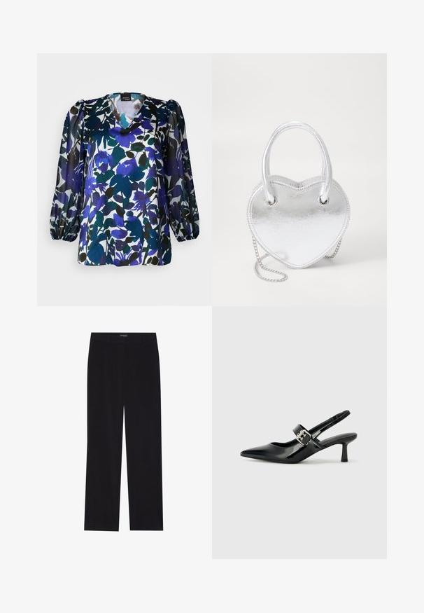 Virágmintás blúz, V nyakkivágással, hosszú puffujjakkal, kék, zöld és fekete színek keverékével fehér háttéren. Selymes textúra.; Fekete kordbársony nadrág egyenes szabással, lapos derékkal és láthatatlan zsebekkel, sima textúrával és függőleges bordázással.; Fekete lakkbőr slingback sarkú cipők hegyes orral és kis blokk talppal, ezüst csat díszítéssel a pánton.; Ezüst fém szív alakú kézi táska dupla fogantyúval, láncos pánttal és sima felülettel. Fém hardverrel és varrott szélekkel rendelkezik.