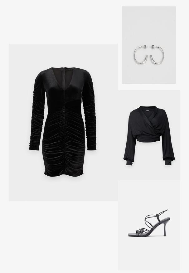 Juodas trumpas aptemptas viršus, pagamintas iš lygaus audinio, su ilgomis rankovėmis ir elastingais rankogaliais bei satino apdaila ant apykaklės.; Juodas aksominis suknelė su ilgomis pūstuvių rankovėmis, giliu V formos iškirpimu ir surinkimo detalėmis priekyje. Užtrauktukas gale. Lygus paviršius.; Juodos aukštakulnės sandalai pasižymi plonyčiais dirželiais su mazgo dizainu, lygiu kvadratiniu pirštu ir elegantišku stiletto kulnu.; Šviesiai pilka metalinė rankinė su grandinėlės dirželiu, papuošta mažais apvaliais metaliniais smeigėmis ir trikampiu prekės ženklu.; Sidabrinės auskarai žiedai su lygiu, blizgiu paviršiumi. Suapvalinta forma, lengvas dizainas, su uždarymu ant smeigtuko.