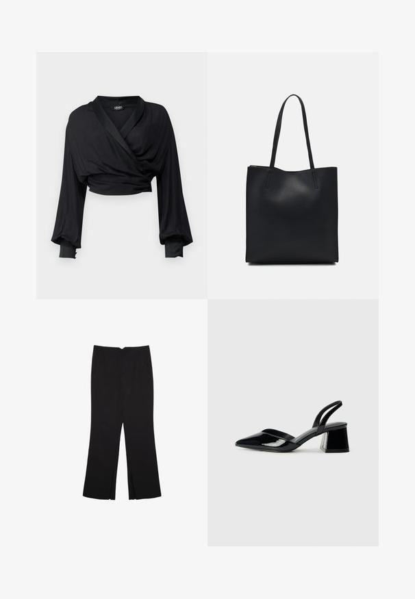 Czarny krótki top w stylu owijanym, wykonany z gładkiego materiału, z długimi rękawami z elastycznymi mankietami i satynowym wykończeniem kołnierza.; Czarne spodnie o prostym kroju, z przednimi kieszeniami i bocznymi rozcięciami na dole. Wykonane z miękkiego, gładkiego materiału. Odpowiednie na różne okazje.; Czarne lakierowane półbuty na obcasie z wydłużonym noskiem i geometrycznym słupkiem. Charakteryzują się eleganckim, minimalistycznym designem oraz gładką fakturą.; Czarna skórzana torba tote o gładkiej fakturze, prostokątnym kształcie i dwóch długich uchwytach. Brak widocznych elementów metalowych i ozdób.