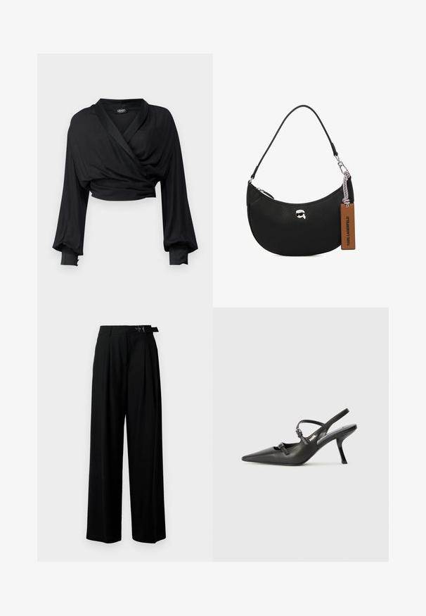 Sort cropped wrap-top lavet af glat stof, med lange ærmer med elastiske manchetter og satin krave-detalje.; Sort vide-bein bukser med høj talje, læg foran og et bælte med spænde. Fremstillet af glat, let materiale.; Sorte læder slingback hæle med spids tå, slank hæl og dekorativ spænde detalje på vampen. Glat tekstur og strømlinet design.; Sorte læderhåndtaske med en pebret tekstur, buet form, top lynlåslukning, sølvfarvet hardware og et brunt mærke. Har logoaccent.