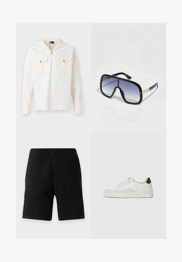 Langermet kremfarget skjorte med hette, frontlukking med knapper, to brystlommer med klaffer og en glatt stoffkvalitet.; Sorte treningsshorts laget av mykt materiale; har en elastisk midje, to sidelommer og kontraststing.; Hvit sneakers med semsket detaljer, rund tå, flate snøringer og en kremfarget gummisåle. Har grønn merking på hælen.; Overdimensjonerte svarte solbriller med gradient lilla linser, glansfull finish og gullakenter på stilken. Rektangulær rammeform.