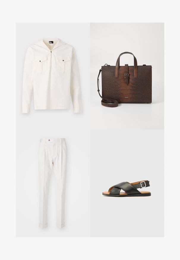 Krema dolga majica s kapuco, sprednjim zapenjanjem na gumb, dvema prsoma žepoma s poklopcema in gladko teksturo blaga.; Bela, krojena hlače z ravnim sprednjim delom, dvema naborkoma in zavitki. Narejene iz gladkega materiala z gumbom za zapiranje v pasu.; Črne usnjene sandale s prekriženimi trakovi, odprtimi prsti in trakovi okoli gležnja z kovinsko zaponko. Rjav vložek in črna podplat. Enostaven dizajn.; Brašna iz rjave krokodilne usnjene embalaže s zgornjimi ročaji in odstranljivim ramenskim trakom. Ima zapiranje z zaponko in pravokotno obliko.