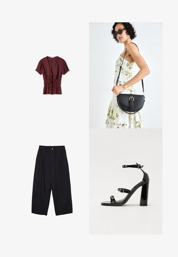 Top corto bordeaux a maniche corte con scollatura a V profonda, vita arricciata con lacci e tessuto leggermente testurizzato. Orlo svasato con dettagli volant.; Pantaloni culotte neri in poliestere con una cintura elastica, due pieghe frontali e una silhouette ampia. Nessun motivo visibile o dettagli in metallo.; Sandali con tacco in vernice nera, con punta squadrata, cinturini alla caviglia e fibbie in argento. Presentano un tacco a blocco spesso per maggiore stabilità.; Borsa a tracolla nera in pelle con una forma curva, manico rimovibile e accessori dorati. La borsa presenta una patta con un dettaglio a fibbia.