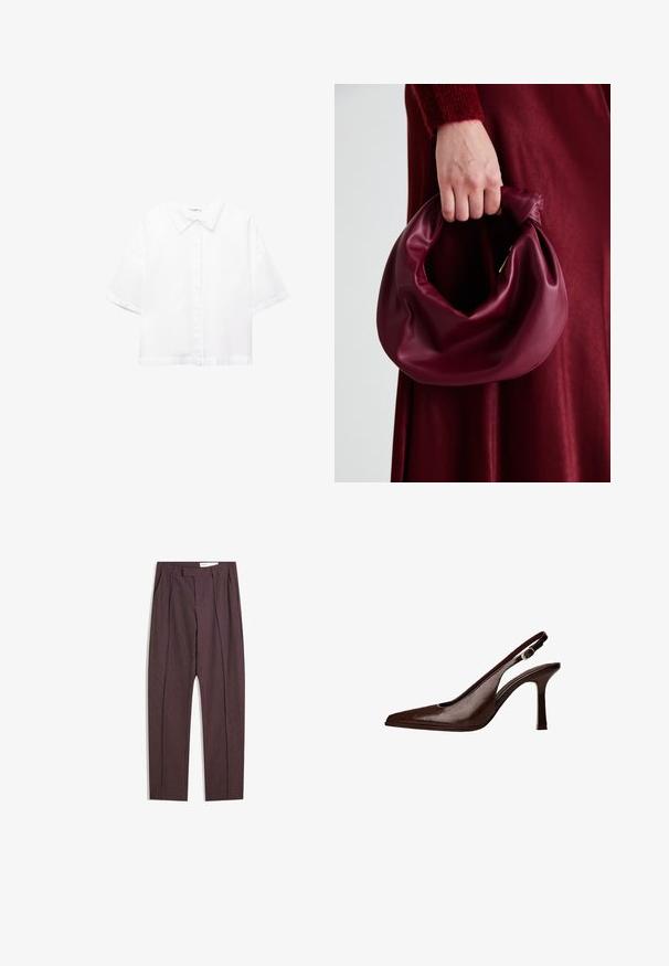 Vit kortärmad skjorta i bomull med klassisk krage, knappstängning framtill och avslappnad passform. Slät textur utan mönster.; Lila randiga byxor med veck, med hög midja och raka ben. Tillverkade av ett slätt, texturerat tyg.; Brun läder slingback-pump med spetsig tå och tunn klack. Har en liten accentspänne på remmen och en glänsande yta.; Burgundy läderhandväska med en mjuk, samlad design och rundad form. Handtaget är säkrat och visar en slät yta.