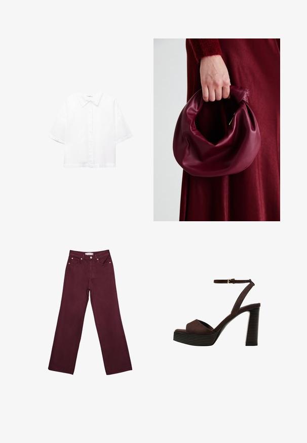 Bela kratka srajca s kratkimi rokavi, izdelana iz bombaža, s klasičnim ovratnikom, sprednjim zapiranjem na gumbe in sproščenim prileganjem. Gladka tekstura brez vzorcev.; Bordo visokokotne traperice s ravnim nogavicam, ki vključujejo sprednje žepke, gumbasto zapiranje in detajle iz bakrenega tona.; Rjave semiš sandale z visoko peto, odprto spredaj, z nastavljivim gležnjenjem in črtastim podplatom.; Bordo usnjeni ročni torbici s mehak, nabrana zasnova in okrogla oblika. Ročaj je varen in prikazuje gladko teksturo.