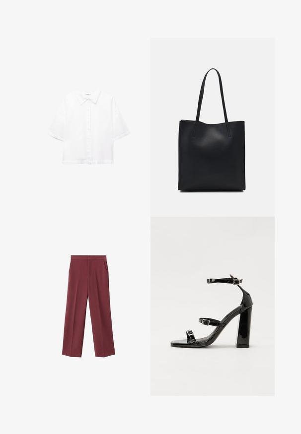 Weißes kurzärmeliges Hemd aus Baumwolle mit einem klassischen Kragen, vorderem Knopfverschluss und einem lockeren Schnitt. Glatte Textur ohne Muster.; Weinrote Hose mit weitem Bein aus glattem Material, ausgestattet mit seitlichen Taschen und einem hohen Taillendesign. Mit einem klaren vorderen Bügel gefaltet.; Schwarze patentierte Sandalen mit Absatz, quadratischer Spitze, Knöchelriemen und silbernen Schnallen. Mit einem stabilen Blockabsatz für mehr Stabilität.; Schwarze Laptoptasche aus Leder mit glatter Textur, rechteckiger Form und zwei langen Griffen. Keine sichtbaren Beschläge oder Verzierungen.