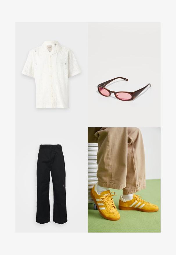 Lyhythihainen valkoinen paita, joka on valmistettu teksturoidusta puuvillasta ja jossa on kukkakuvioinen rei'itys, napitus edessä ja kaulus.; Mustat leveät housut, joissa on sileä pinta, varustettu tavallisella vyötäröllä ja pienellä brodeeratulla logolla oikean jalan lähellä.; Keltainen mokkanahkakenkä valkoisilla raidoilla, rubberpohjalla, kankaisilla nauhoilla ja pehmustetulla kauluksella, yhdistettynä beigeihin puuvillahousuihin.; Ruskean sävyiset aurinkolasit, joissa on tyylikäs, pitkänomainen soikea muoto. Kehykset on valmistettu kiiltävästä muovista; linssit ovat vaaleanpunaiset ja niissä on hienovarainen kaarevuus.