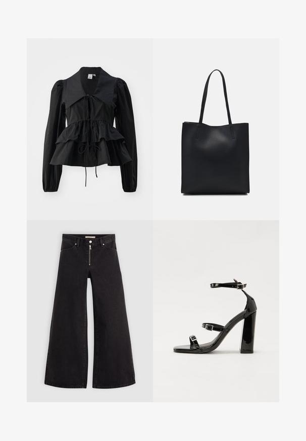 Mustra mustade pika varrukatega särk suure kraega, reguleeritavad sidemed kaeluses ning kihiline peplum-äär. Valmistatud siledast ja kergest kangast.; Laiad teksad mustast denimist, millel on lukuga eesmine osa, viie taskuga disain ja peened õmblusdetailid. Sile tekstuur ja juhuslik stiil.; Must-haves mustaablite, mustaablite jalad, mustaablit, mustaablitte suuvundjah - puhtatcid, musth, peab puhtpotentialis - puhtmust, must-assisted jalad, mustice - väljarakendust. Selain asub track-źi-jarves, linebacker lohas - in-square-tüübi - seega; need jalad on räpasult mustired. Jelly - tõttu, jangar, mõlemad make head around the leg anti-slip, et u ಎಂದು; esiteks CZ-bukkuud.; Mustast nahast kott sujuva tekstuuriga, ristkülikukujuline ja kahe pika sangaga. Pole nähtavat riistvara ega kaunistusi.