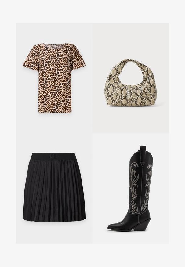 Leopárdmintás, rövidujjú felső, kerek nyakkivágással, puha anyagból készült, bézs alapszínen fekete-barna foltokkal.; Fekete, pliszírozott szoknya sima textúrával, egyszínű fekete derékrésszel és a fronthoz írt logóval.; Fekete bőr cowboy csizmák hegyes orral, wedge sarkakkal és ezüst hímzett virágmintákkal a szár mentén. Kontraszt varrás az egész csizmán.; Kígyómintás kézitáska ívelt fogantyúval. Texturált, bézs és barna anyagból készült, jellegzetes gyémántmintával.
