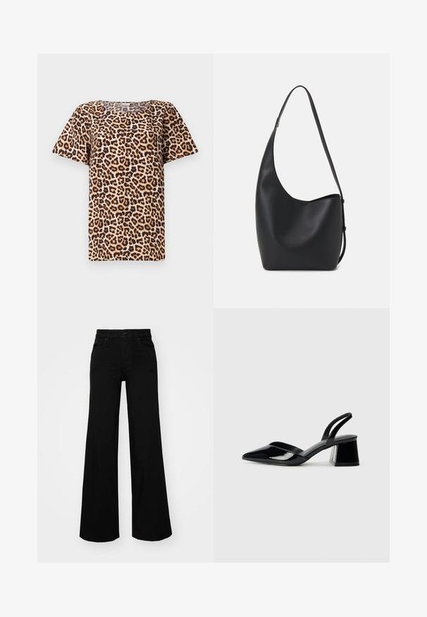 Top s krátkym rukávom s leopardím vzorom, s okrúhlym výstrihom, vyrobený z mäkkej látky s béžovým podkladom a čiernymi-hnedými škvrnami.; Čierne široké nohavice z denimu s pevným pásom, pútkami na opasok a prednými vreckami. Hladká štruktúra s klasickým dizajnom.; Čierne lakované kožené sandálové podpätky s špicatou špičkou a geometrickým blokovým podpätkom. Disponujú elegantným, minimalistickým dizajnom a hladkým povrchom.; Čierna kožená hobo taška so hladkou textúrou, zakriveným tvarom a jedným nastaviteľným popruhom; má široké otvorenie na vrchu.