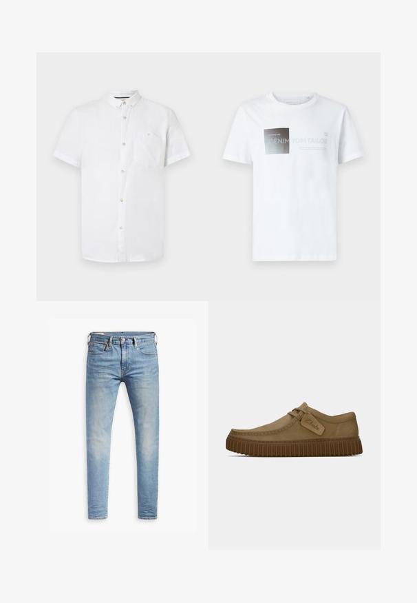 Baltā kratītes krekls īsām piedurknēm, kas izgatavots no kokvilnas, ar pogu uz leju apkakli, priekšējo kabatu un koka pogu detaļām. Gluda tekstūra.; Baltas kokvilnas T-krekls ar īsām piedurknēm, kas rotāts ar melnu un pelēku grafisko dizainu ar tekstu. Apaļš kakls, brīva piegriezuma, gluda tekstūra.; Gaiši zili pieguļoši džinsi ar nelielu izbalēšanu uz gurniem, ar pogu aizdari priekšā, jostas cilpām un piecu kabatu stilu uz baltā fona.; Gai brūni zamša apavi ar noapaļotu purngalu, šuvju detaļām un ribotu brūnu gumijas zoli. Satur sānu uzlīmi ar "Clarks" logotipu.
