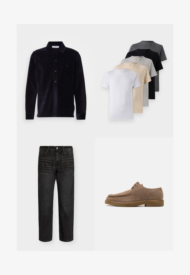 Crna košulja od kordura s ovratnikom, dugim rukavima, dugmadi sprijeda, džepom na prsima i teksturiranom tkaninom. Ima malu oznaku na rubu.; Set od pet majica s kratkim rukavima u bijeloj, bež, svijetlo sivoj, tamno sivoj i crnoj boji. Izrađene su od glatkog pamuka, s dizajnom okruglog izreza.; Crne traperice od denima ravnog kroja, s srednjim strukom, pet džepova i metalnim kopčanjem. Glatka tekstura s blagim izbleđivanjem.; Zign LEATHER - Ležerna obuća s vezicama - taupe