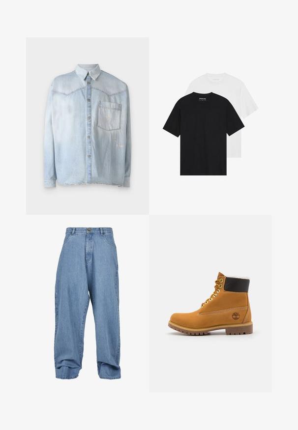 Svetlomodrá denimová košeľa s gombíkovým zapínaním vpredu, klasickým golierom a jednou náprsní kapsou. Na látke sú viditeľné poškodené akcenty.; Dve tričká, jedno čierne a jedno biele, s krátkymi rukávmi, okrúhlymi výstrihmi a hladkou bavlnenou textúrou. Značková etiketa viditeľná vo vnútri.; Svetlomodré džínsové nohavice s voľným strihom, zapínaním na gombík, prednými vreckami a manžetou, so klasickým päťvreckovým dizajnom.; Hnedé kožené ankle boot s kovovými očkami, bielym kožúškom vo vnútri, čiernym vypolstrovaným golierom, robustnou podrážkou a vyrazeným logom na boku.