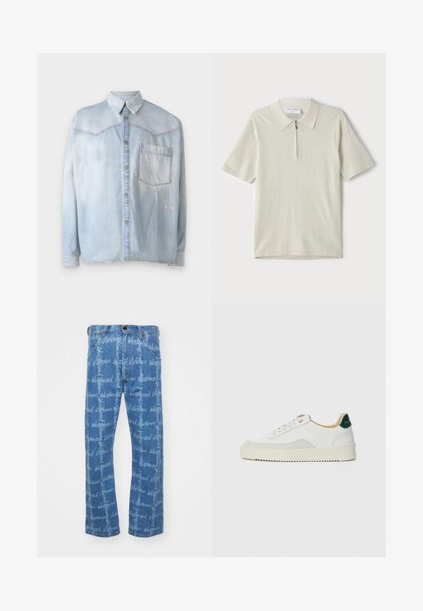 Camisa de mezclilla azul clara con botón en la parte delantera, cuello clásico y un bolsillo en el pecho. Se aprecian acentos desgastados en la tela.; Polo de manga corta en un beige claro con cuello con cremallera. Fabricado en un tejido suave, presenta un diseño sencillo y moderno sin patrones.; Jeans de denim azul con corte recto, que presentan un patrón de texto repetido "Vivienne Westwood" en blanco. Diseño clásico de cinco bolsillos.; Zapatilla blanca con acentos de ante, puntera redondeada, cordones planos y suela de goma color crema. Presenta un logo verde en el talón.