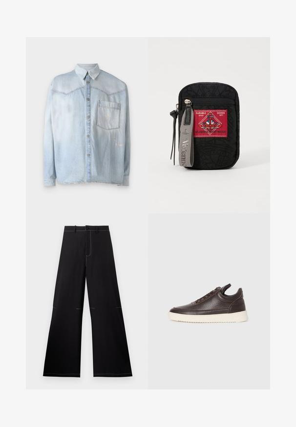 Jasnoniebieska koszula dżinsowa z guzikami z przodu, klasycznym kołnierzykiem i jedną kieszenią na piersi. Widoczne są przetarcia na tkaninie.; Czarne szerokie spodnie z białymi przeszyciami, z zapięciem na guzik i paskiem. Wykonane z lekkiego materiału.; Ciemnobrązowe, teksturowane skórzane trampki z częścią sznurowaną z przodu i białą, żłobioną gumową podeszwą, na jasnym tle.; Czarna saszetka z teksturowanej tkaniny, z czerwoną łatką z logo, zamknięciem na zamek oraz szarym paskiem z wytłoczonym nazwiskiem marki.