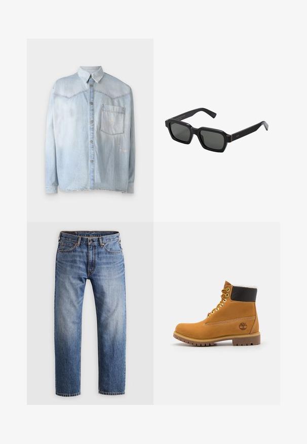Šviesiai mėlynas džinsinis marškinis su mygtukų užsegimu priekyje, klasikiniu apykakle ir viena krūtinės kišene. Audinyje matomi dėvėjimosi akcentai.; Tiesios kojų mėlynos džinsinės kelnės su mygtuko ir užtrauktuko uždarymu, penkiomis kišenėmis ir oranžinėmis siūlėmis šviesiai pilkame fone.; Rudos odinės aulinės puikiai tinka su metaliniais akmenukais, baltu dirbtiniu kailiu, juodu paminkštintu apvadu, tvirtu padu ir įspaustu logotipu šone.; Juodi, kvadratiniai akiniai nuo saulės su pilkais lęšiais. Stori plastikiniai rėmeliai su auksiniais akcentais ir prekės ženklu ant smilkinių. Lygus paviršius.