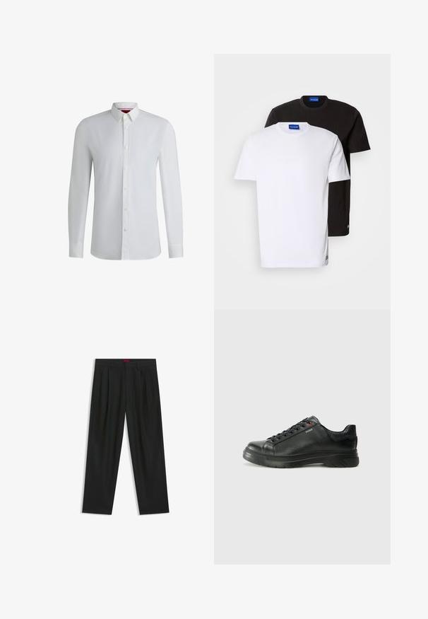 Witte lange mouwen shirt met een kraag met knopen, met een zachte textuur, rechte snit en subtiele details langs de voorkant van de knoopsluiting.; Twee T-shirts gestapeld: één witte en één zwarte. Korte mouwen, ronde halslijnen, van katoen. Heeft een klein blauw logo op de halslijn.; Zwarte broek met een geplooid ontwerp, wijde pijpen en een zachte textuur. Voorzien van een rode taillebandlabel.; Zwarte leren sneaker met een gestructureerde bovenkant, gevoerde kraag en rode logo-details. Heeft een dikke rubberen zool met een opvallend loopvlakpatroon.