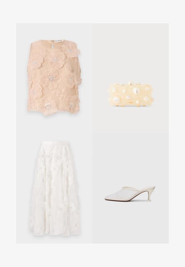 Haut brodé de fleurs en tissu doux pêche, présentant des fleurs en 3D avec des centres perlés et une fermeture à dos en trou de serrure. Texture lisse.; Jupe blanche, longueur genou, avec broderies florales et sequins argentés. Tissu léger et fluide avec des couches volantes et une ceinture ajustée.; Mule blanches en mesh avec un bout pointu, un talon moyen élancé et un design à enfiler, sur un fond uni.; Pochette rectangulaire crème avec des accents en relief brillants, semblables à des perles. Texture lisse avec un motif marbré subtil et un logo orange.