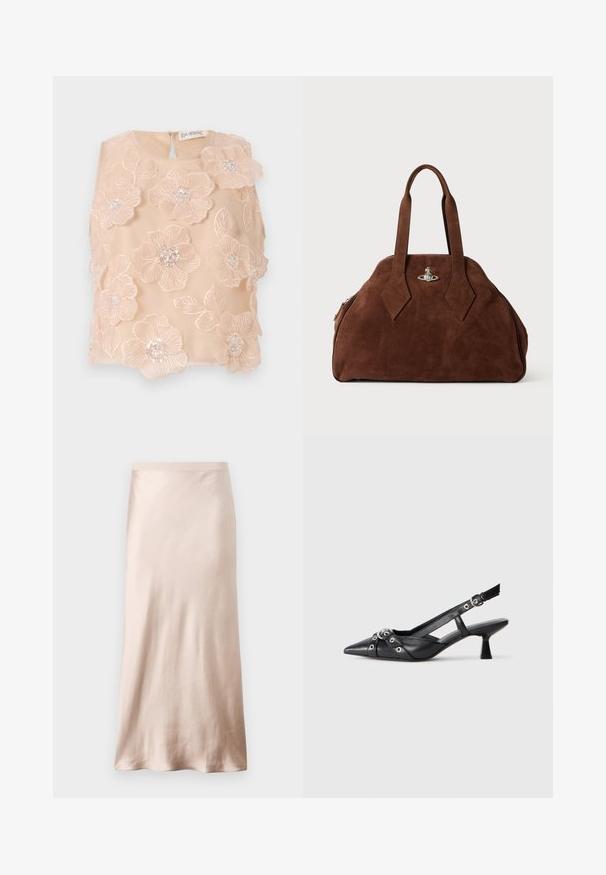 Kukkaompelulla varustettu toppi pehmeässä persikkakankaassa, jossa on 3D-kukkia helmikeskellä ja avonaineen takaselkä. Sileä rakenne.; Kesäisen beigen satiinimidi-hameen vyötärö on muotoiltu, sen pinta on sileä ja helma laajenee. Hameessa ei ole näkyviä koristeita tai taskuja.; Mustat nahkakengät, joissa on avonainen takaosa ja kärjessä terävä muoto, koristevyöt, joissa on metalliset reiät, sekä matala lohkoepohja. Teksturoitu pinta.; Ruskea mokkahamppari, jossa on jämäkkä muoto, pyöreä runko ja pitkät timantinmuotoiset kahvat. Varustettu hopeasävyisellä sulkumekanismilla.