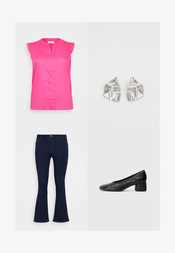 Rozā bez piedurknēm blūze ar mežģīņu apdari uz pleciem, ar priekšējo sprādzi un brīvu piegriezumu. Gluda auduma, vienkrāsaina, bez rakstiem.; Tumši zilas augsto jostasvietu denima bikses ar pieguļošu augšdaļu un vieglu izplūšanu apakšā, ar priekšējām kabatām un pogu aizdari.; Melna ādas kurpe ar noapaļotu purngalu un vidēja izmēra blokkāju. Gluda tekstūra ar minimāliem dekoriem, ar delikātu elastīgu atveri.; Sudraba metāla auskari ar viļņainu, skulpturālu dizainu, kas izceļas ar pulētu apdari un neregulārām formām, uzsverot mūsdienīgu estētiku.