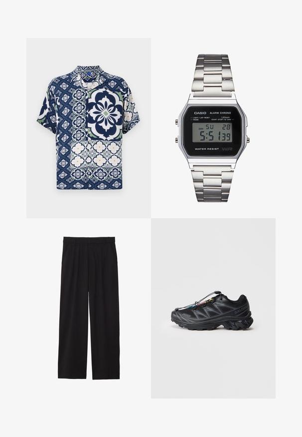 Kurzarmhemd in Marineblau mit floralen und geometrischen Mustern, mit Knopfverschluss, weichem Stoff und kontrastierenden grünen und weißen Akzenten.; Schwarze, weite Hose mit gefälteltem Vorderteil, seitlichen Taschen und einer glatten Stoffstruktur. Entworfen für eine entspannte Passform.; Schwarzer Sportschuh mit einem strukturierten Mesh-Obermaterial, verstärkter Zehenkappe und einem Schnellverschluss-System. Verfügt über eine robuste Laufsohle und einen leichten Absatz.; Digitale Casio-Uhr mit schwarzem Ziffernblatt, silbernem Edelstahlband, rechteckigem Gehäuse sowie Tasten für Licht, Rundenrücksetzung und Moduswechsel.
