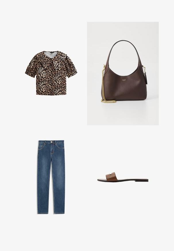 Leopard print blouse with short puff sleeves, v-neck, and large collar. Features a beige and black color scheme; made from lightweight fabric.; Dark blue denim jeans with a straight fit, five pockets, subtle stitching detail, and a metal button at the waist.; Brown leather slide sandal with a flat sole, featuring a wide strap and white geometric accents for minimalistic design.; COACH BROOKLYN SHOULDER BAG 23 - Handbag - maple