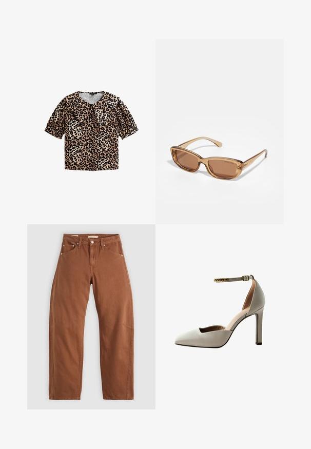 Leopardprint blouse met korte pofmouwen, v-hals en grote kraag. Gekenmerkt door een beige en zwarte kleurencombinatie; gemaakt van lichtgewicht stof.; Roestbruin rechte jeans met voor- en achterzakken, metalen klinknagels, knoopsluiting en riemlussen, plat neergelegd op een witte achtergrond.; Lichtgrijze hoge hak schoen met een puntige neus, open vamp ontwerp, enkelbandje en gouden kettingaccent. Gladde leren textuur.; Bruin getinte zonnebril met een rechthoekige vorm, transparante bruin plastic montuur en subtiele logo-details aan de zijkanten.; COACH BROOKLYN SHOULDER BAG 23 - Handtas - maple
