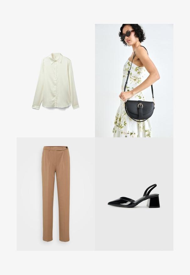 Blusa de manga larga color crema hecha de tela brillante. Presenta un collar clásico, una botonera y un dobladillo ligeramente curvado en la parte inferior.; Pantalones de traje marrones con pierna recta, que cuentan con un cierre de un solo botón y un diseño frontal con pliegues. Textura suave, estilo minimalista.; Zapatos de tacón slingback de charol negro con punta afilada y tacón geométrico en bloque. Presentan un diseño elegante y minimalista, así como una textura suave.; Bolso de piel negra con forma curva, correa desmontable y herrajes dorados. El bolso cuenta con una solapa con un detalle de hebilla.