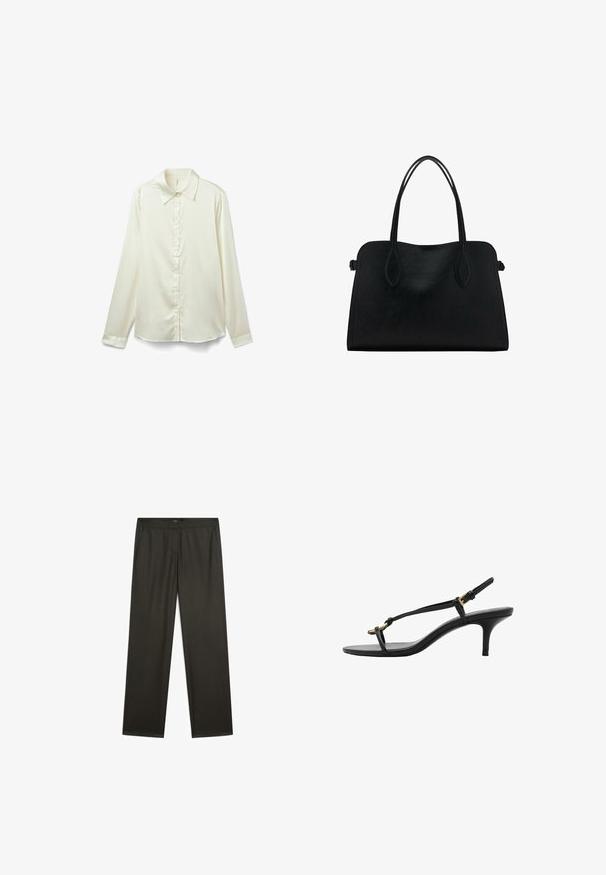 Cream-colored long-sleeve blouse made of shiny fabric. Features a classic collar, button placket, and a slightly curved hem at the bottom.; Dark green, wide-legged trousers with a smooth texture, elastic waistband, and side pockets. Simple design with no visible patterns or hardware.; Black leather kitten heel sandal with thin straps, gold buckle, and minimalist toe loop on a white background.; Black leather handbag with dual shoulder straps, rectangular shape, and minimalistic design on a white background.