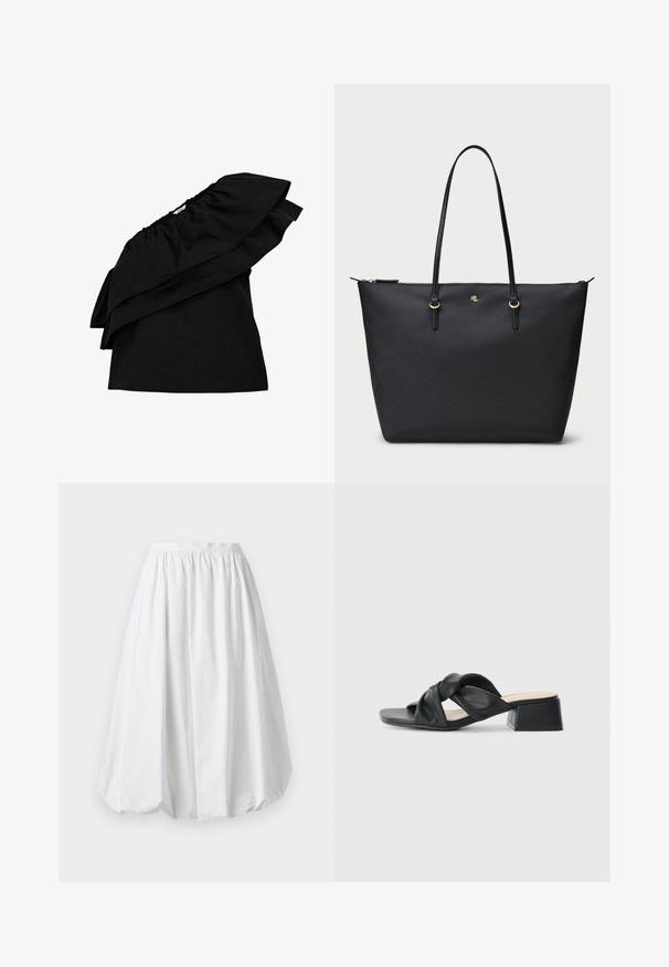 Object ONE-SHOULDER - Blūze - black; Balta, līdz ceļiem garā svārka ar elastīgu jostu un balona formu. Izgatavots no viegla auduma ar gludu tekstūru.; Melna ādas sandalīte ar savītu augšdaļu, kvadrātveida purngalu un zemu blokveida papēdi, kas iezīmējas ar gludu tekstūru un minimālistisku stilā.; Melnas auduma soma ar teksturētu virsmu, ar rāvējslēdzēju un divām ādas rokturēm. Aprīkota ar zelta aparatūru un nemanāmu logotipu priekšpusē.