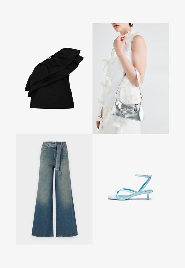 Object ONE-SHOULDER - Blouse - black; Wijduitlopende denim broek met een lichte naar donkere blauwe gradient, hoge taille, riemlussen en een bijpassende stoffen riem. Gestructureerde denimafwerking.; Lichtblauwe sandaal met bandjes, vierkante teen, lage hak, verstelbare enkelband en een gladde, glanzende afwerking. Kruisende bandjes op de voetbed.; Zilveren metallic handtas met een gestructureerde vorm, voorzien van een bovenhandvat en een strikdetail aan de voorkant. Gladde textuur, reflecterende afwerking.