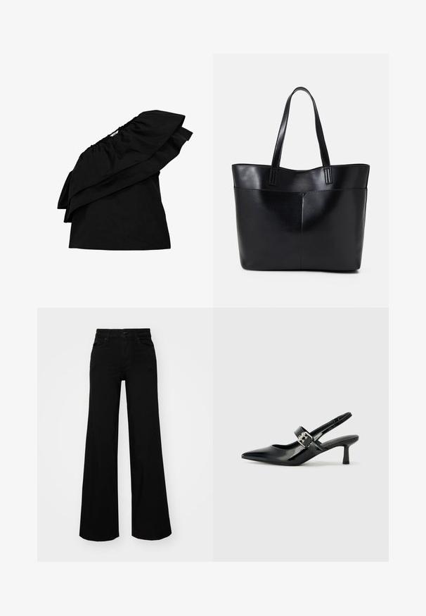 Object ONE-SHOULDER - Blouse - black; Black wide-leg pants made of denim, featuring a structured waistband, belt loops, and front pockets. Smooth texture with a classic design.; Black patent leather slingback heels with a pointed toe and a small block heel, featuring a silver buckle accent on the strap.; Black leather tote bag with two long handles, a smooth texture, and a structured shape. Features a front pocket for additional storage.